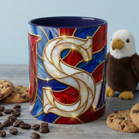 USA Patriotic Coffee Mug, Stained Glass USA Mug, Red White Blue Ceramic Mug, American Flag Style Mug, 11oz 15oz Mug
