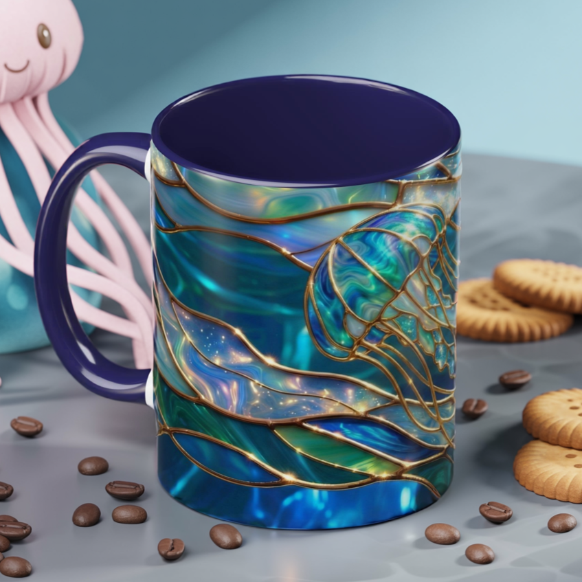 Stained Glass Jellyfish Mug, Ocean Art Coffee Cup, Nautical Sea Life Mug, Blue Teal Gold Glass Style Mug, Gift For Ocean Lovers Decor