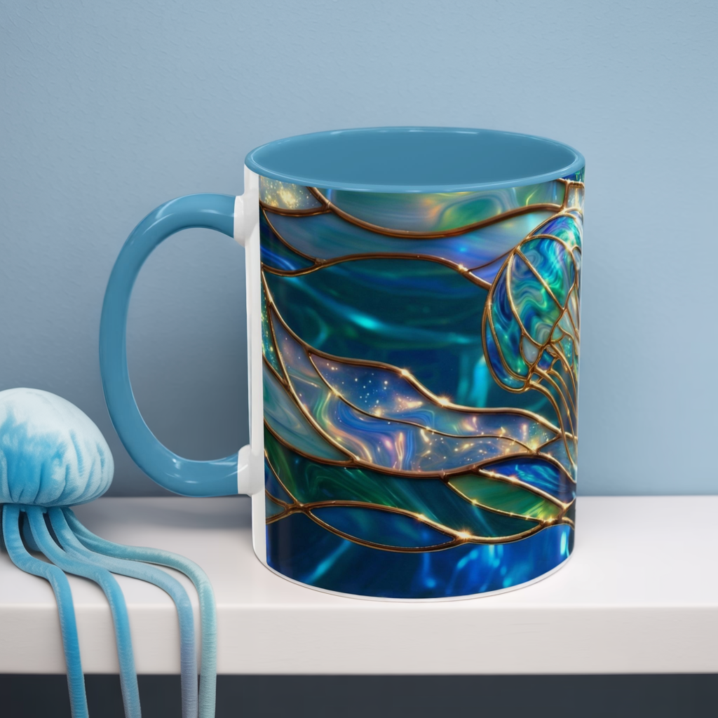 Stained Glass Jellyfish Mug, Ocean Art Coffee Cup, Nautical Sea Life Mug, Blue Teal Gold Glass Style Mug, Gift For Ocean Lovers Decor