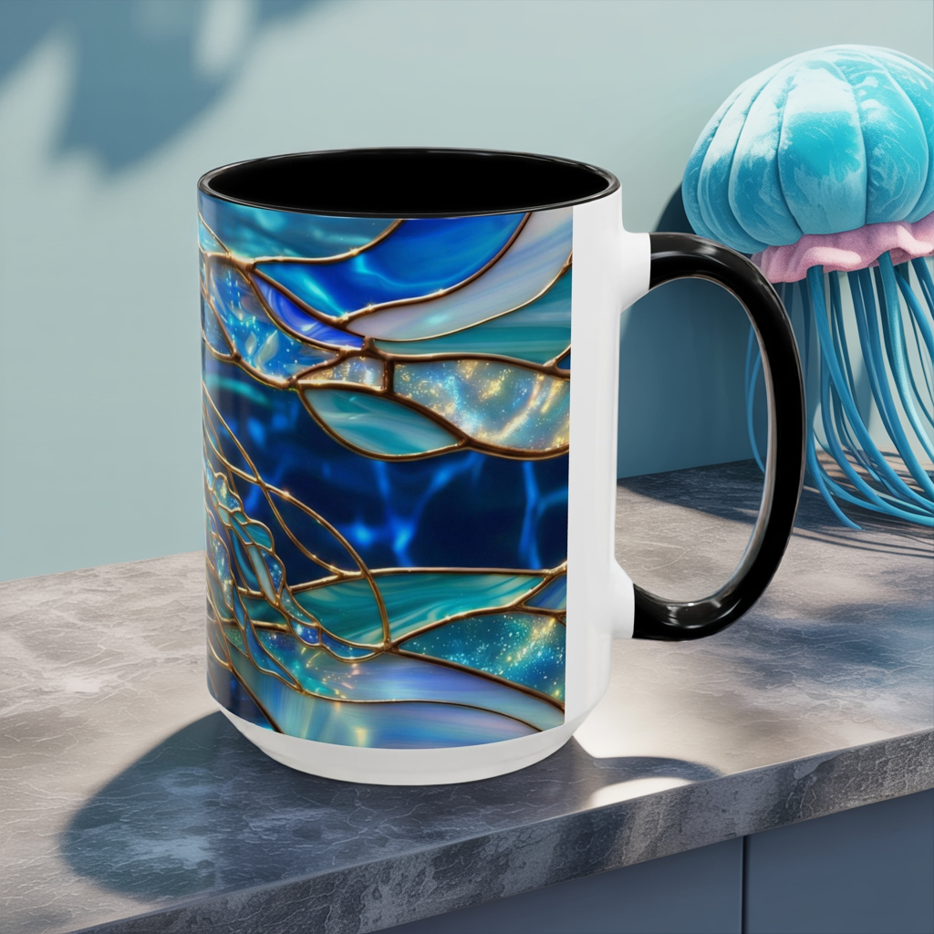 Stained Glass Jellyfish Mug, Ocean Art Coffee Cup, Nautical Sea Life Mug, Blue Teal Gold Glass Style Mug, Gift For Ocean Lovers Decor