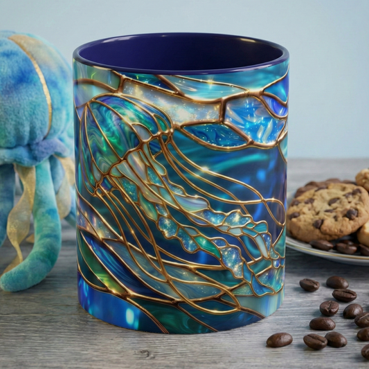 Stained Glass Jellyfish Mug, Ocean Art Coffee Cup, Nautical Sea Life Mug, Blue Teal Gold Glass Style Mug, Gift For Ocean Lovers Decor