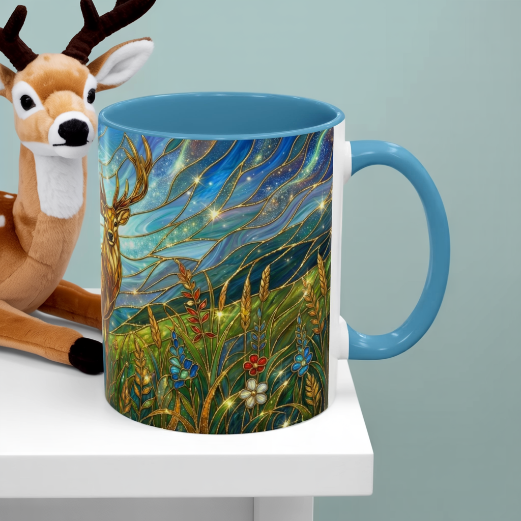 Stained Glass Deer Mug, Woodland Art Coffee Cup, Nature Forest Mug, Blue Green Gold Glass Style Mug, Gift For Nature Lovers Decor