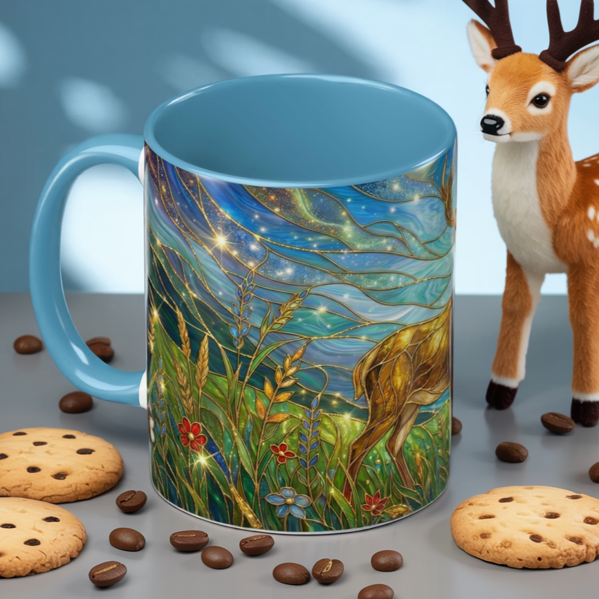 Stained Glass Deer Mug, Woodland Art Coffee Cup, Nature Forest Mug, Blue Green Gold Glass Style Mug, Gift For Nature Lovers Decor