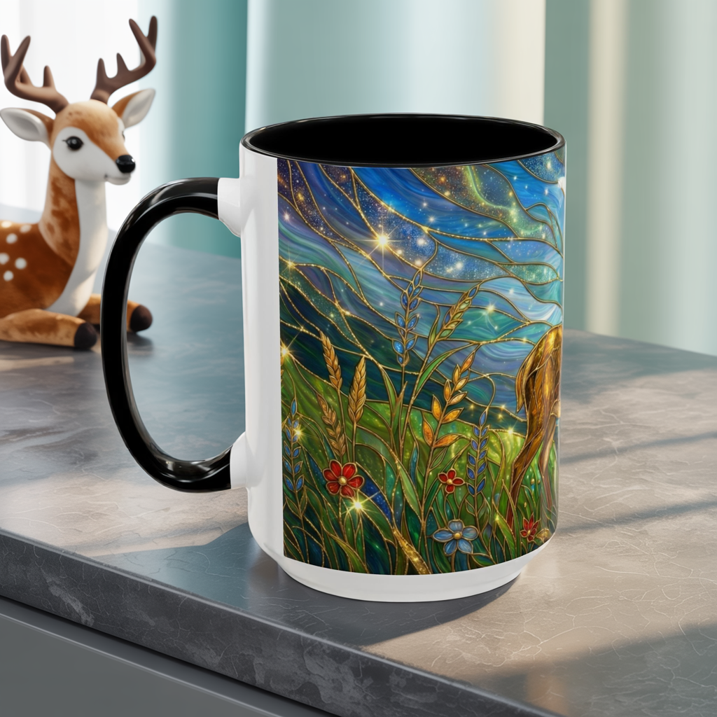 Stained Glass Deer Mug, Woodland Art Coffee Cup, Nature Forest Mug, Blue Green Gold Glass Style Mug, Gift For Nature Lovers Decor