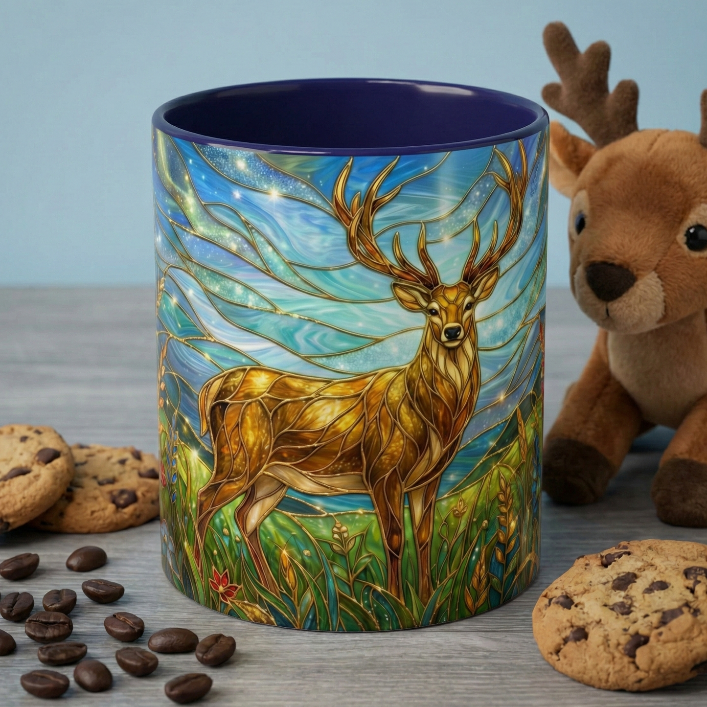 Stained Glass Deer Mug, Woodland Art Coffee Cup, Nature Forest Mug, Blue Green Gold Glass Style Mug, Gift For Nature Lovers Decor