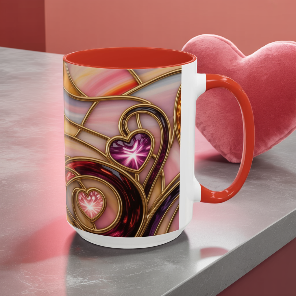 Stained Glass Heart Mug, Romantic Love Coffee Cup, Pink Red Gold Glass Style Mug, Valentine Gift For Her, Anniversary Wedding Decor
