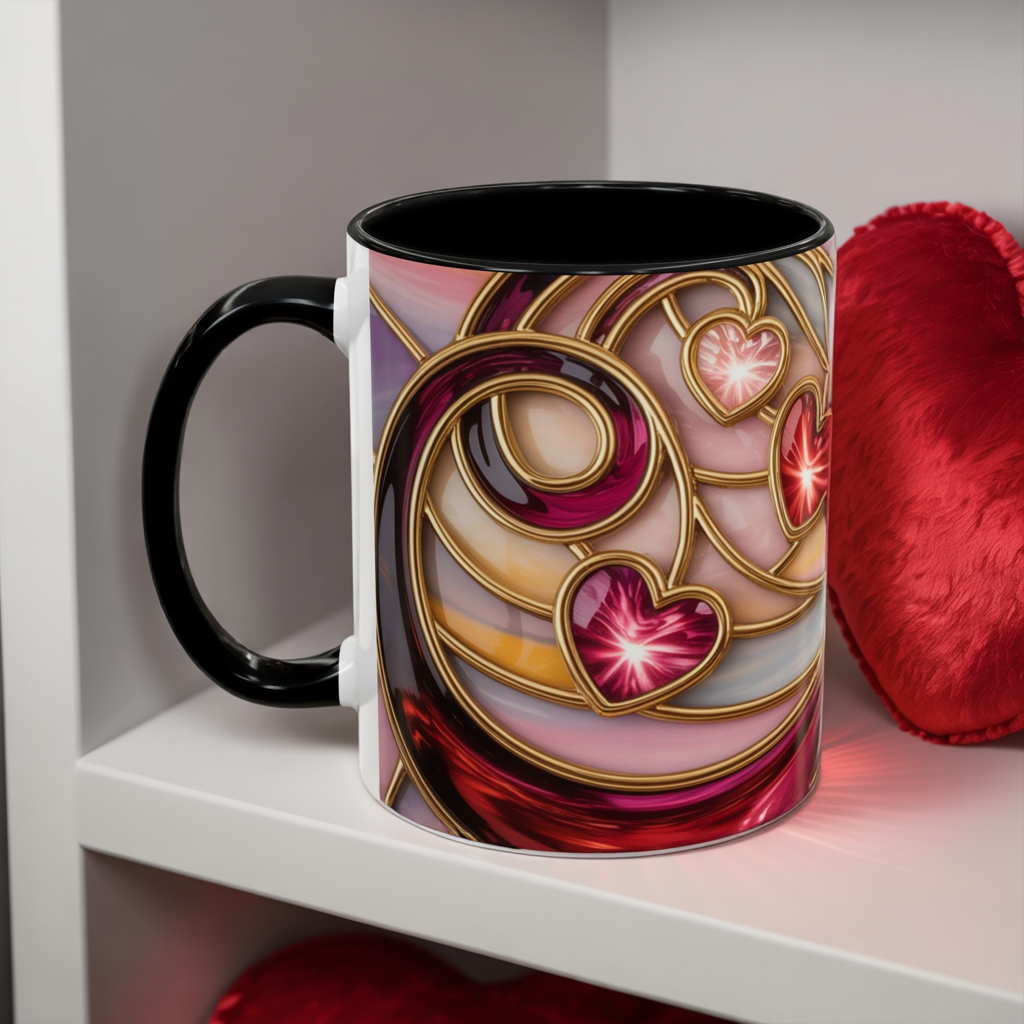 Stained Glass Heart Mug, Romantic Love Coffee Cup, Pink Red Gold Glass Style Mug, Valentine Gift For Her, Anniversary Wedding Decor