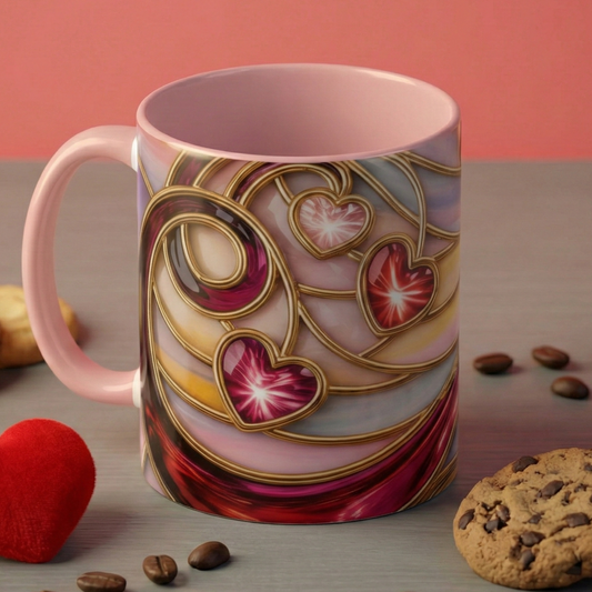Stained Glass Heart Mug, Romantic Love Coffee Cup, Pink Red Gold Glass Style Mug, Valentine Gift For Her, Anniversary Wedding Decor