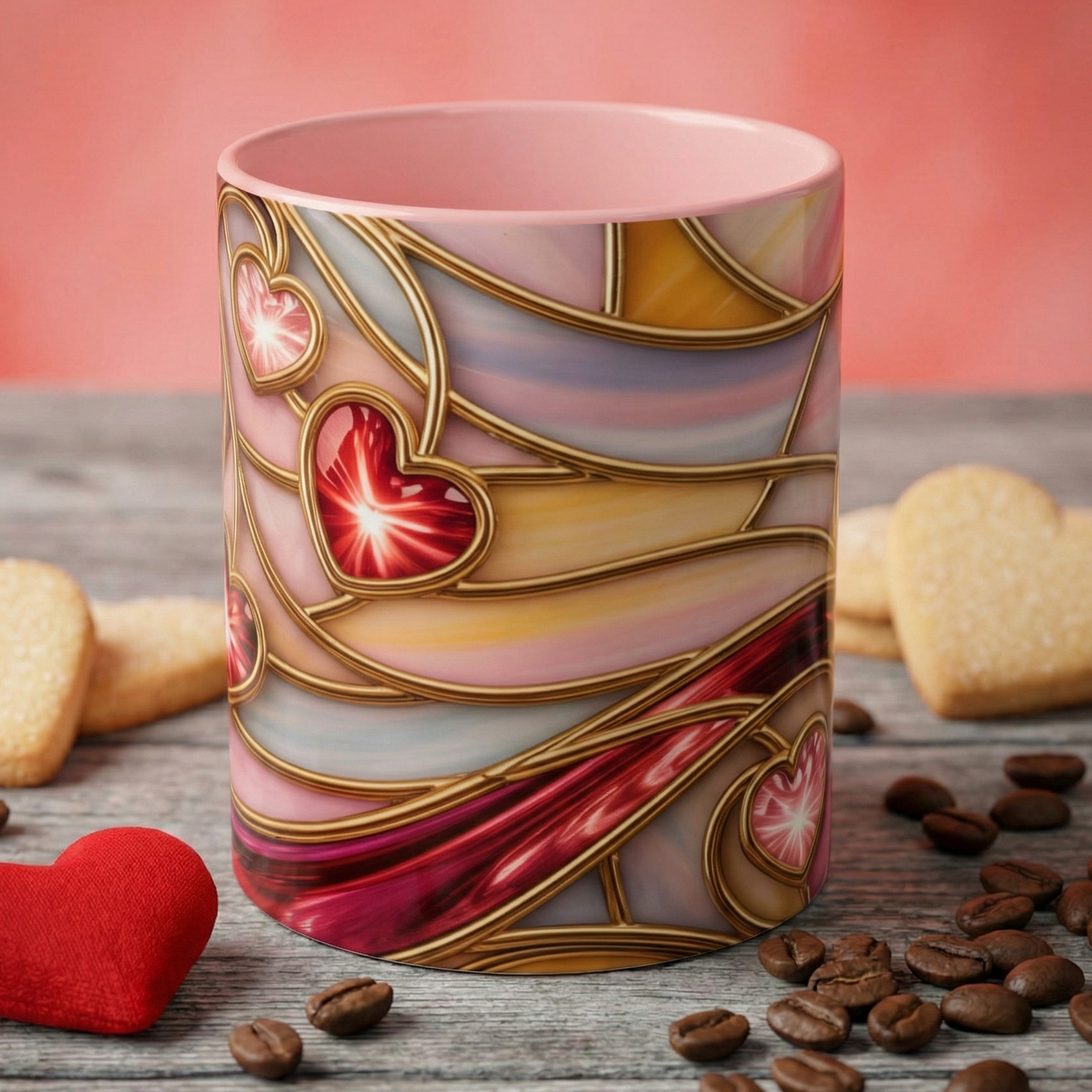 Stained Glass Heart Mug, Romantic Love Coffee Cup, Pink Red Gold Glass Style Mug, Valentine Gift For Her, Anniversary Wedding Decor