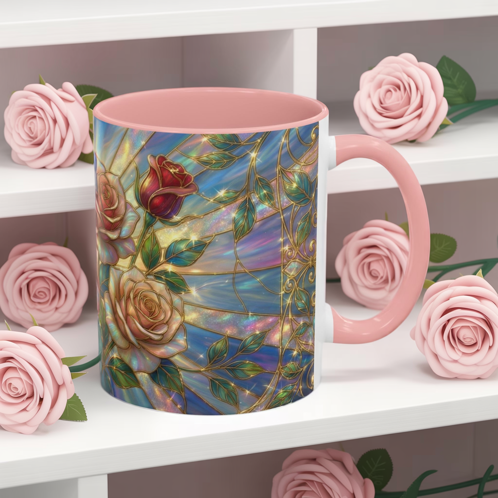 Stained Glass Rose Mug, Floral Art Coffee Cup, Elegant Rose Flower Mug, Blue Gold Glass Style Design, Romantic Gift For Her Decor