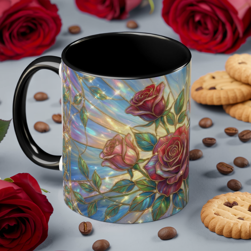 Stained Glass Rose Mug, Floral Art Coffee Cup, Elegant Rose Flower Mug, Blue Gold Glass Style Design, Romantic Gift For Her Decor