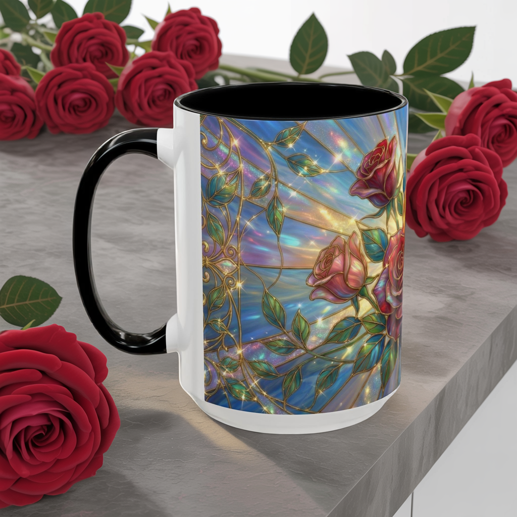 Stained Glass Rose Mug, Floral Art Coffee Cup, Elegant Rose Flower Mug, Blue Gold Glass Style Design, Romantic Gift For Her Decor