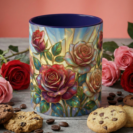 Stained Glass Rose Mug, Floral Art Coffee Cup, Elegant Rose Flower Mug, Blue Gold Glass Style Design, Romantic Gift For Her Decor