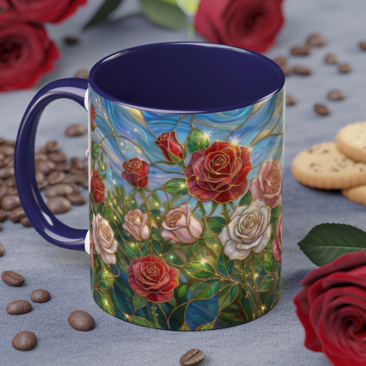 Stained Glass Rose Garden Mug, Floral Rose Coffee Cup, Elegant Flower Mug, Blue Green Gold Glass Style Design, Romantic Gift For Her
