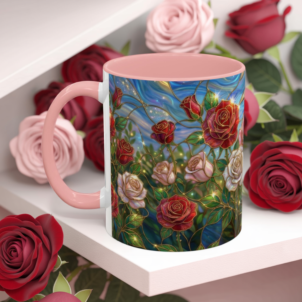 Stained Glass Rose Garden Mug, Floral Rose Coffee Cup, Elegant Flower Mug, Blue Green Gold Glass Style Design, Romantic Gift For Her
