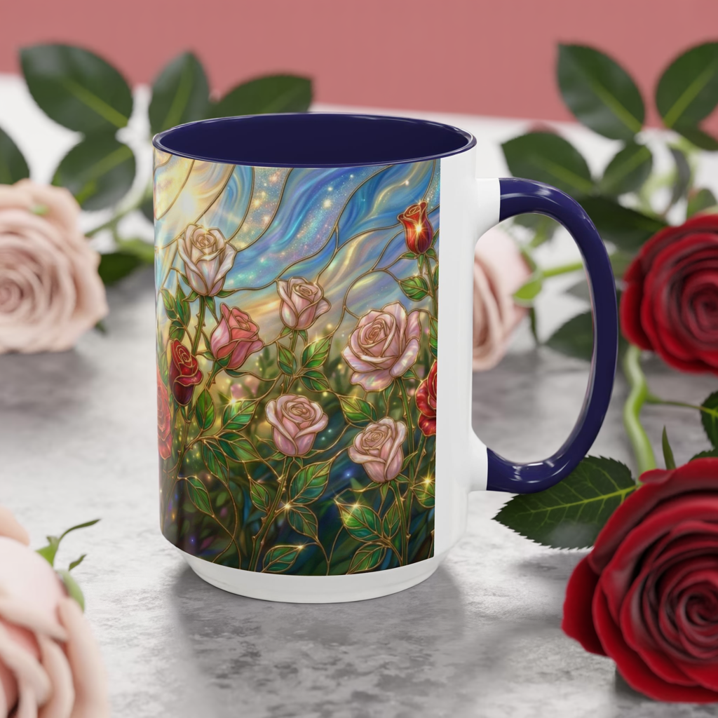 Stained Glass Rose Garden Mug, Floral Rose Coffee Cup, Elegant Flower Mug, Blue Green Gold Glass Style Design, Romantic Gift For Her