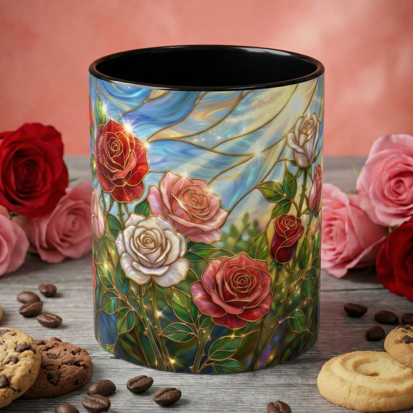 Stained Glass Rose Garden Mug, Floral Rose Coffee Cup, Elegant Flower Mug, Blue Green Gold Glass Style Design, Romantic Gift For Her