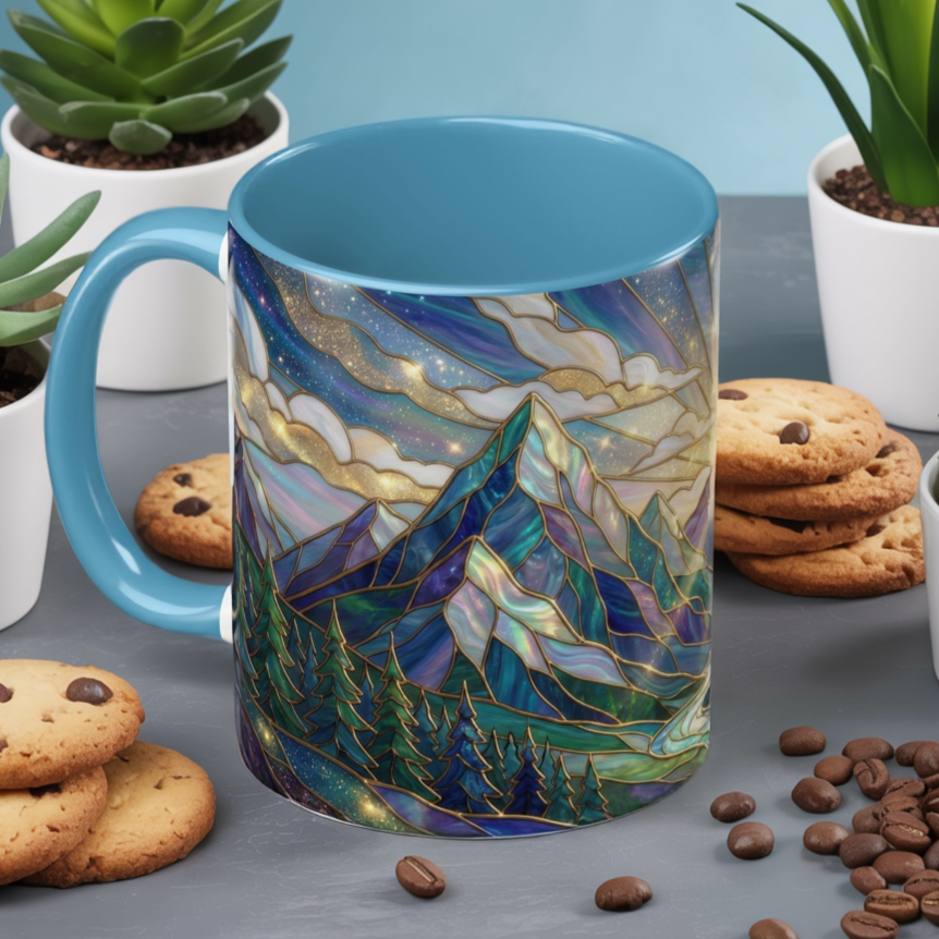 Mountain Art Mug, Scenic Mountain Coffee Cup, Nature Lover Ceramic Mug, Stained Glass Style Landscape, 11oz 15oz Gift, Outdoor Hiking Mug, Unique Coffee Tea Cup