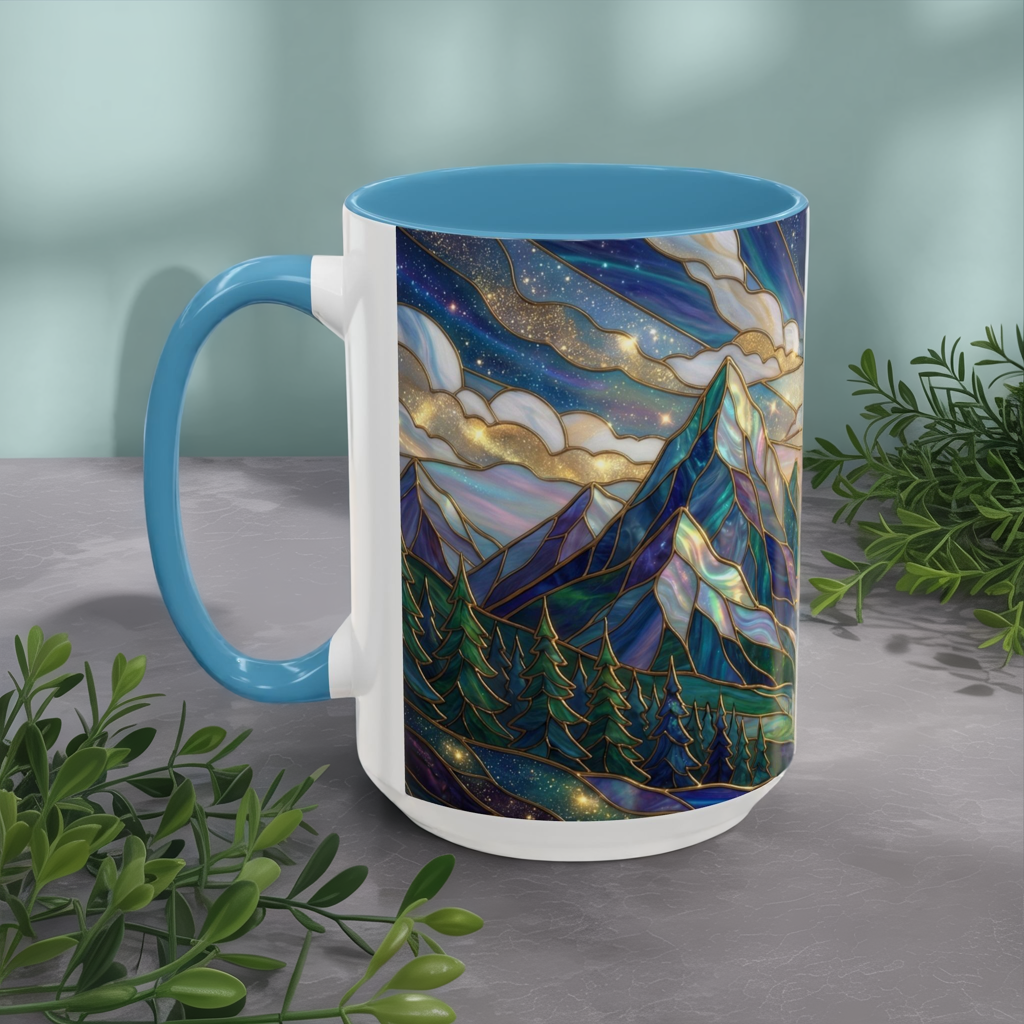 Mountain Art Mug, Scenic Mountain Coffee Cup, Nature Lover Ceramic Mug, Stained Glass Style Landscape, 11oz 15oz Gift, Outdoor Hiking Mug, Unique Coffee Tea Cup