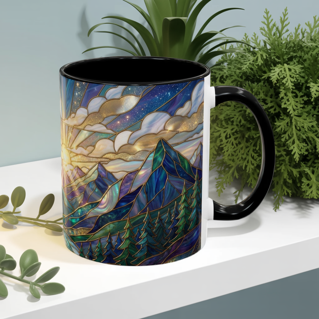 Mountain Art Mug, Scenic Mountain Coffee Cup, Nature Lover Ceramic Mug, Stained Glass Style Landscape, 11oz 15oz Gift, Outdoor Hiking Mug, Unique Coffee Tea Cup