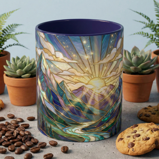 Mountain Art Mug, Scenic Mountain Coffee Cup, Nature Lover Ceramic Mug, Stained Glass Style Landscape, 11oz 15oz Gift, Outdoor Hiking Mug, Unique Coffee Tea Cup