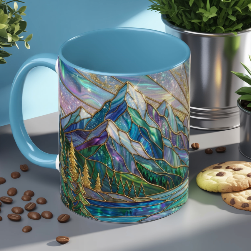 Stained Glass Mountain Mug, Mountain Landscape Coffee Cup, Galaxy Sky Nature Ceramic Mug, Sunrise River Forest Art, 11oz 15oz Gift