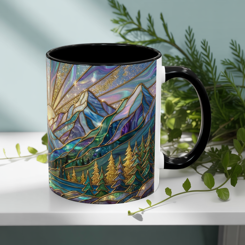 Stained Glass Mountain Mug, Mountain Landscape Coffee Cup, Galaxy Sky Nature Ceramic Mug, Sunrise River Forest Art, 11oz 15oz Gift