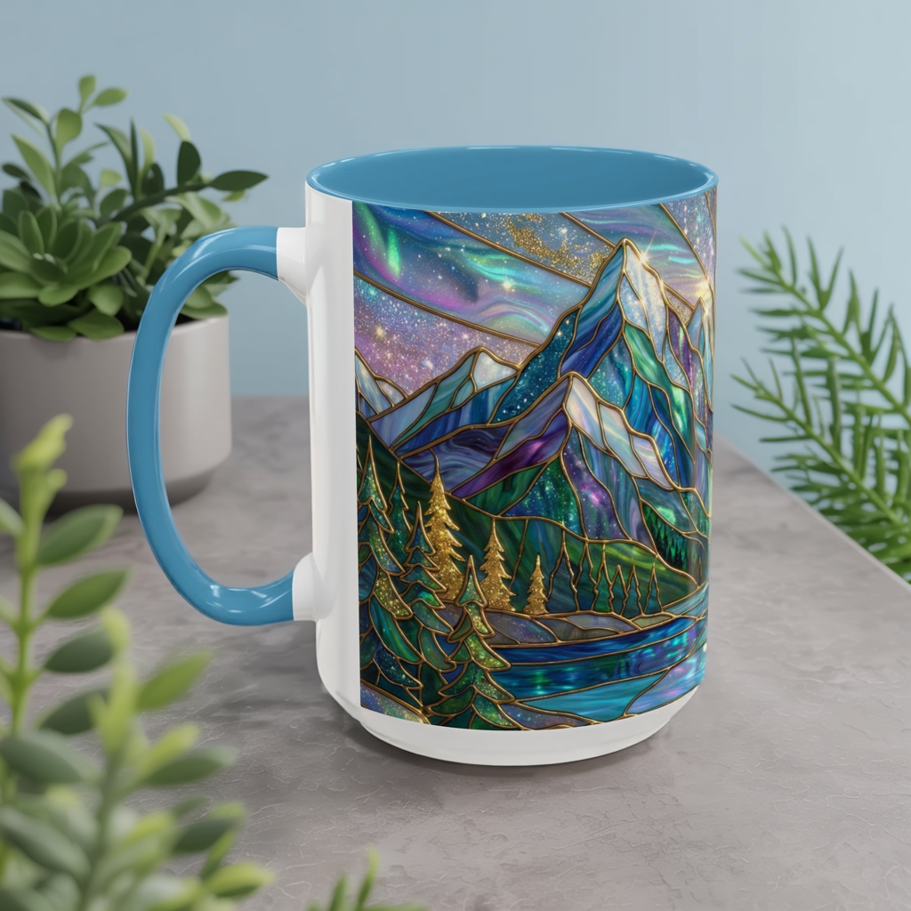 Stained Glass Mountain Mug, Mountain Landscape Coffee Cup, Galaxy Sky Nature Ceramic Mug, Sunrise River Forest Art, 11oz 15oz Gift