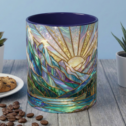 Stained Glass Mountain Mug, Mountain Landscape Coffee Cup, Galaxy Sky Nature Ceramic Mug, Sunrise River Forest Art, 11oz 15oz Gift