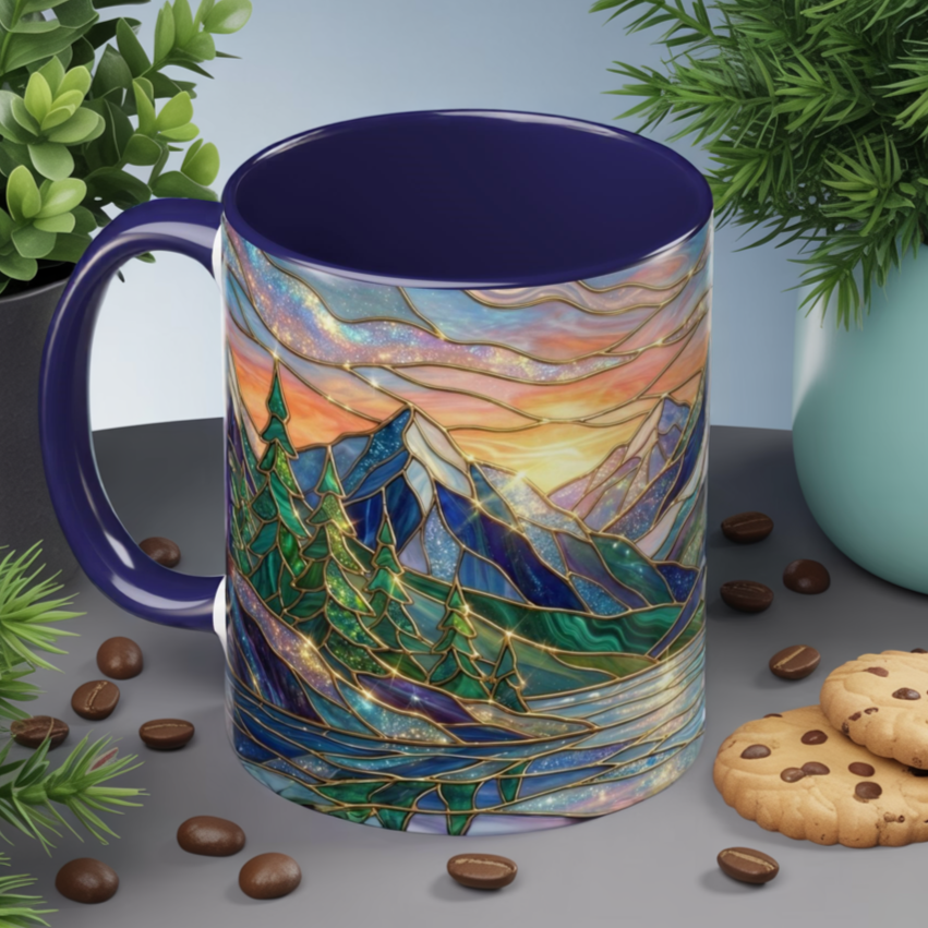 Stained Glass Mountain Mug, Sunset Mountain Landscape Coffee Cup, Nature Ceramic Mug With Forest And River, 11oz 15oz Gift