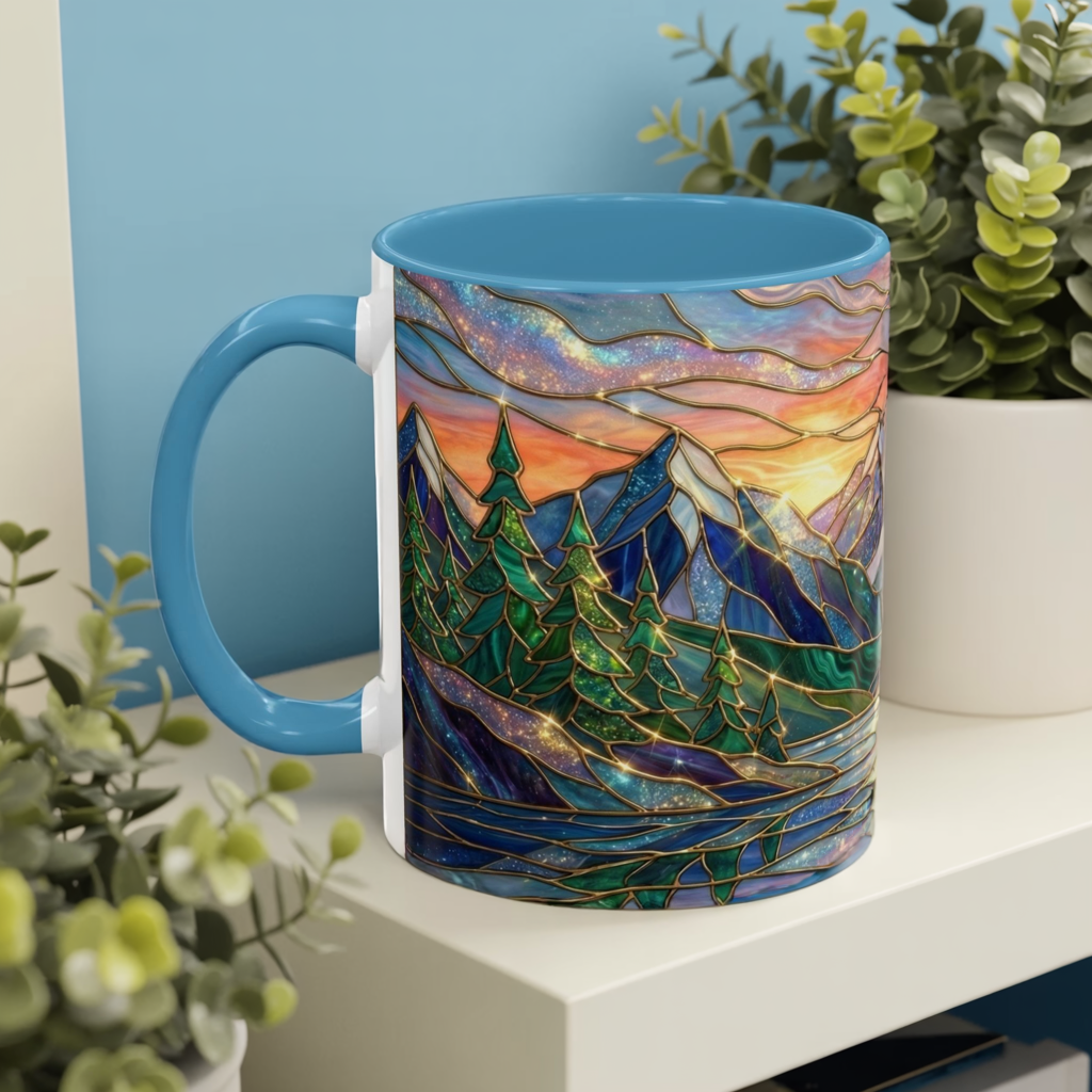 Stained Glass Mountain Mug, Sunset Mountain Landscape Coffee Cup, Nature Ceramic Mug With Forest And River, 11oz 15oz Gift