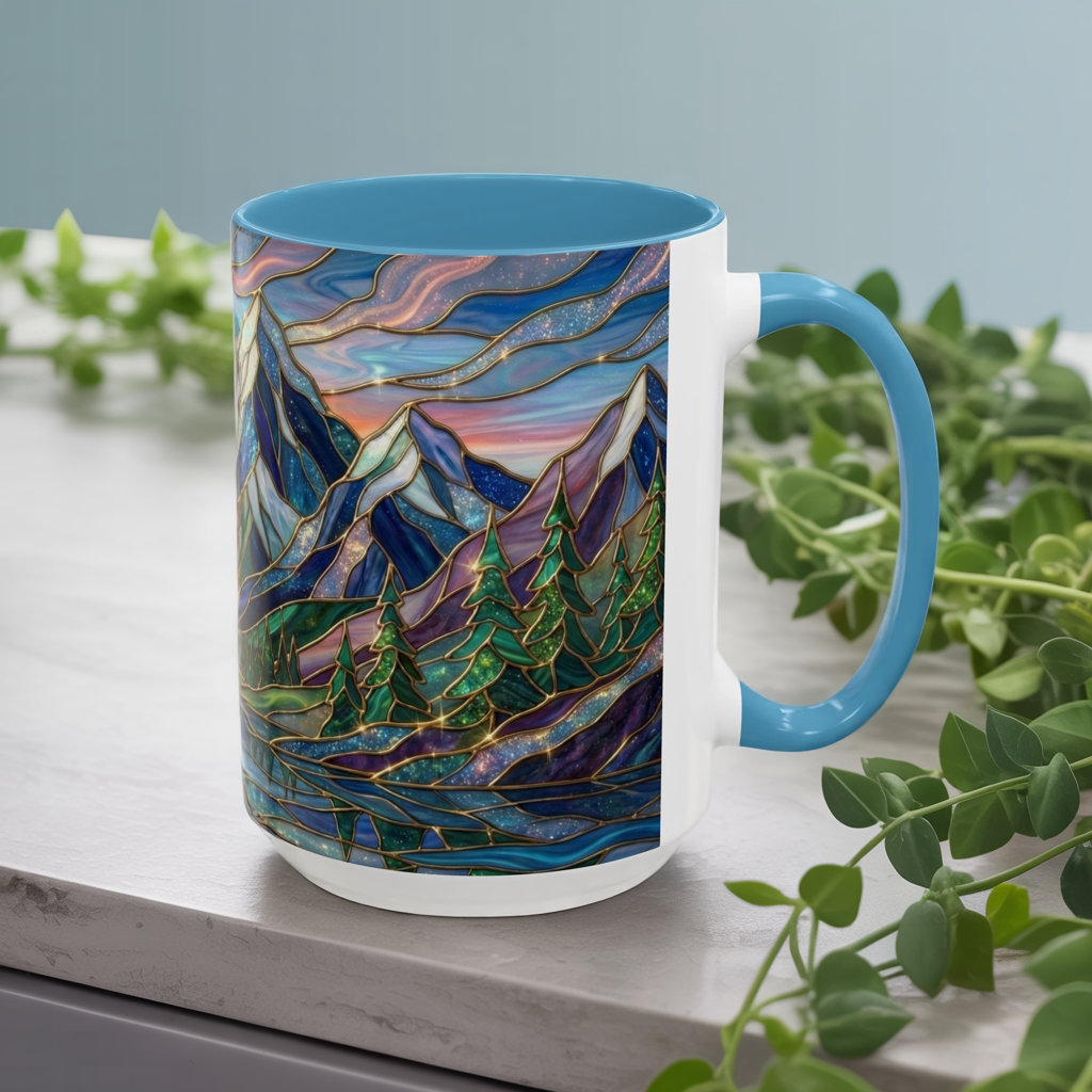 Stained Glass Mountain Mug, Sunset Mountain Landscape Coffee Cup, Nature Ceramic Mug With Forest And River, 11oz 15oz Gift