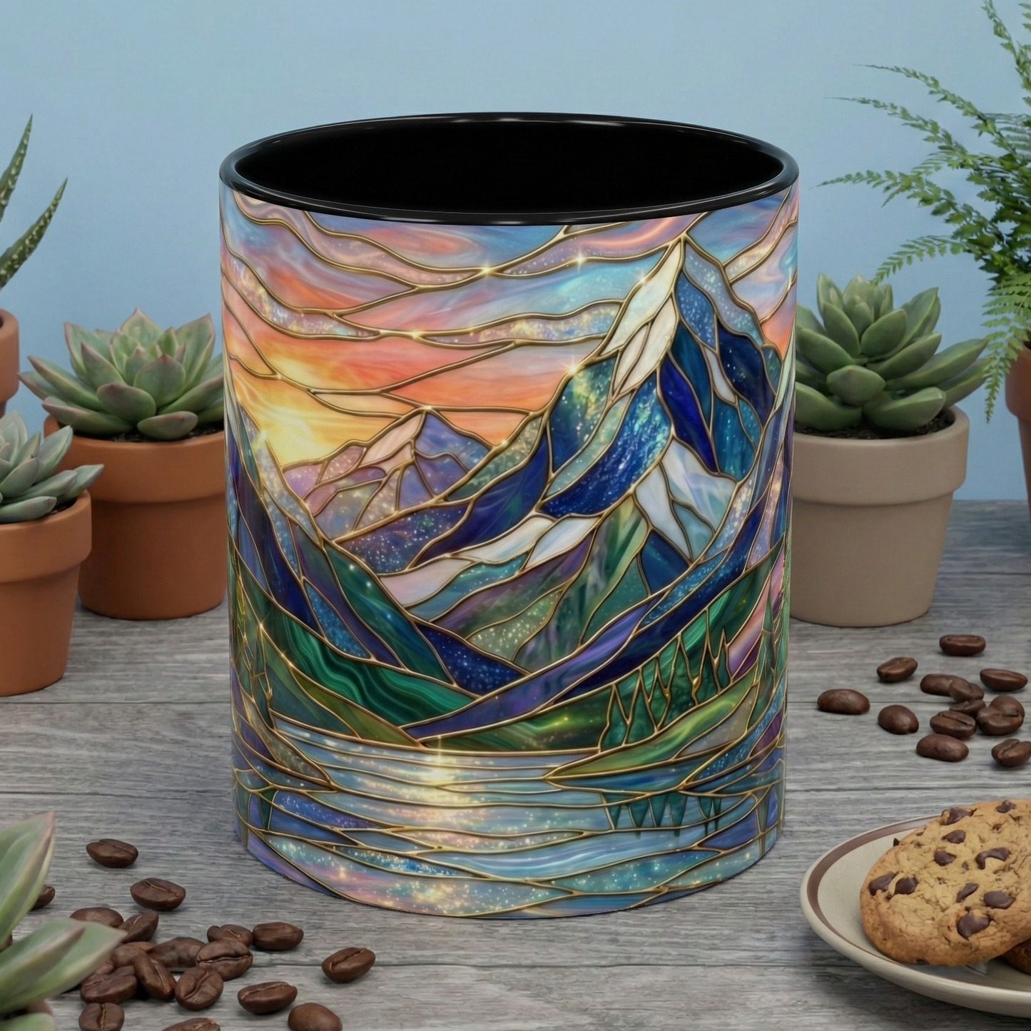 Stained Glass Mountain Mug, Sunset Mountain Landscape Coffee Cup, Nature Ceramic Mug With Forest And River, 11oz 15oz Gift