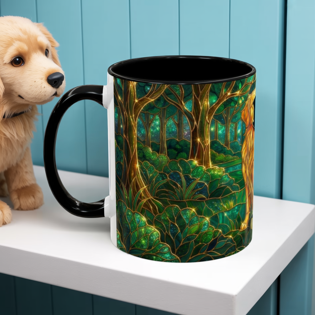 Stained Glass Dog Mug, Golden Retriever Coffee Cup, Pet Lover Ceramic Mug, Forest Art Animal Mug, 11oz 15oz Gift