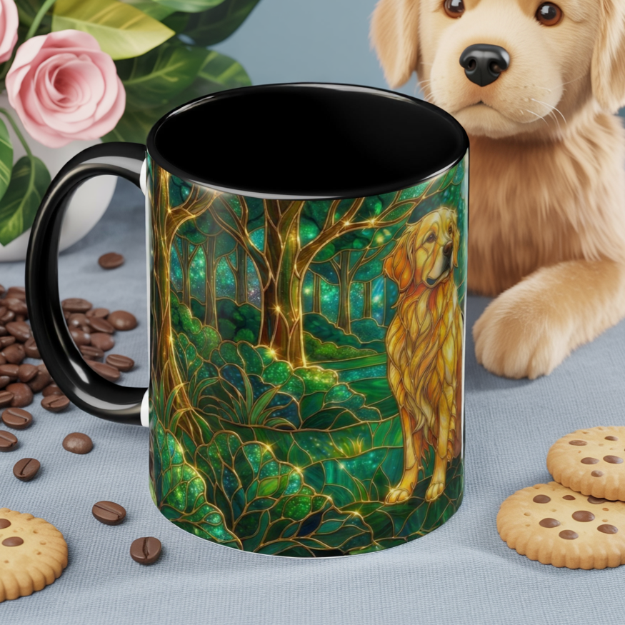 Stained Glass Dog Mug, Golden Retriever Coffee Cup, Pet Lover Ceramic Mug, Forest Art Animal Mug, 11oz 15oz Gift