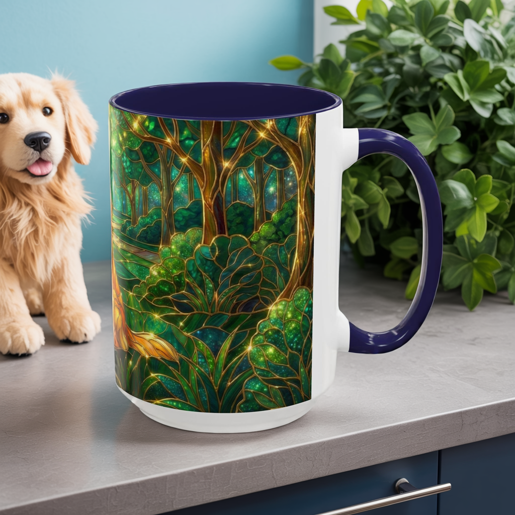 Stained Glass Dog Mug, Golden Retriever Coffee Cup, Pet Lover Ceramic Mug, Forest Art Animal Mug, 11oz 15oz Gift