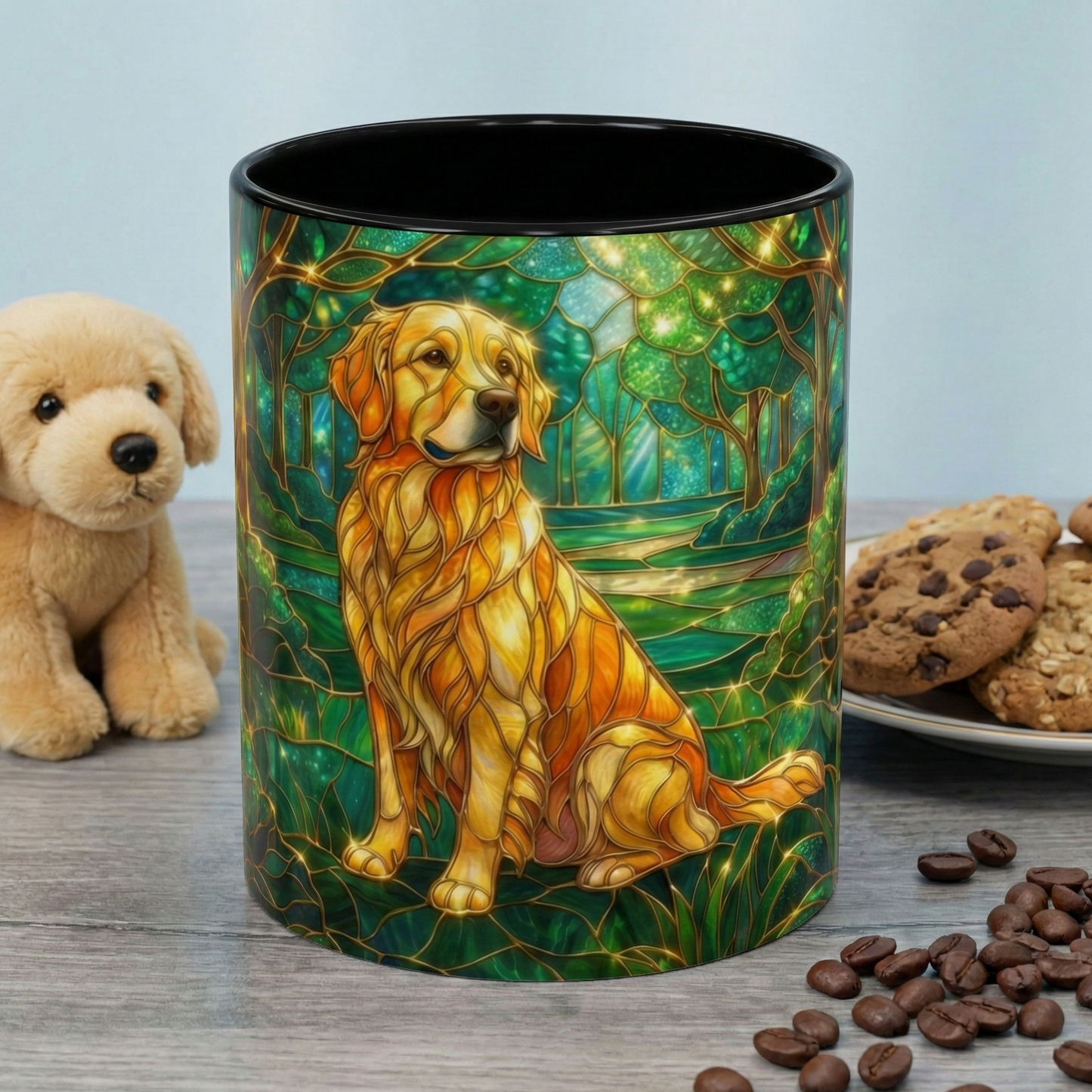 Stained Glass Dog Mug, Golden Retriever Coffee Cup, Pet Lover Ceramic Mug, Forest Art Animal Mug, 11oz 15oz Gift