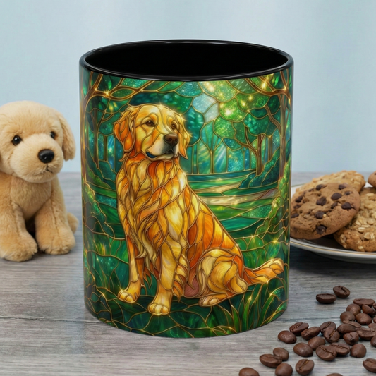 Stained Glass Dog Mug, Golden Retriever Coffee Cup, Pet Lover Ceramic Mug, Forest Art Animal Mug, 11oz 15oz Gift