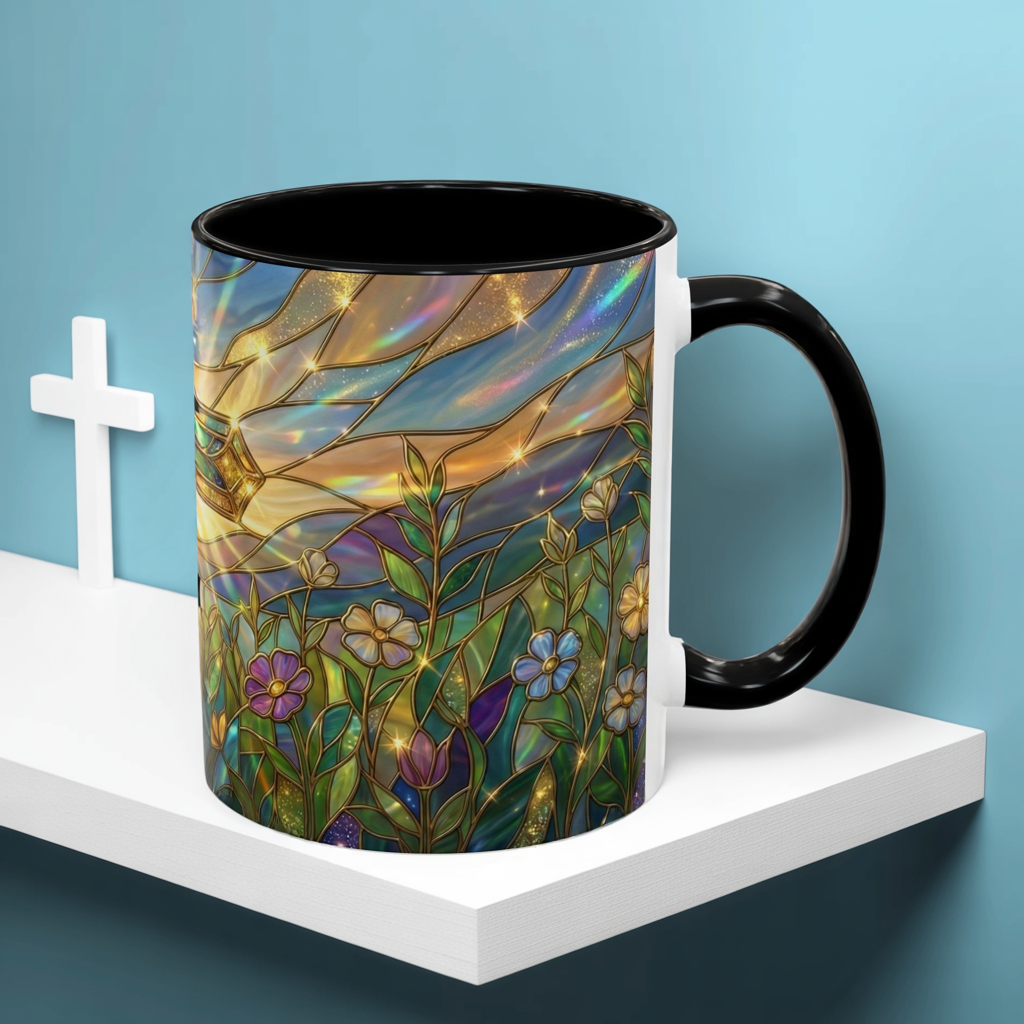Stained Glass Cross Mug, Christian Coffee Cup With Floral Design, Faith Inspired Ceramic Mug, Religious Gift, 11oz 15oz