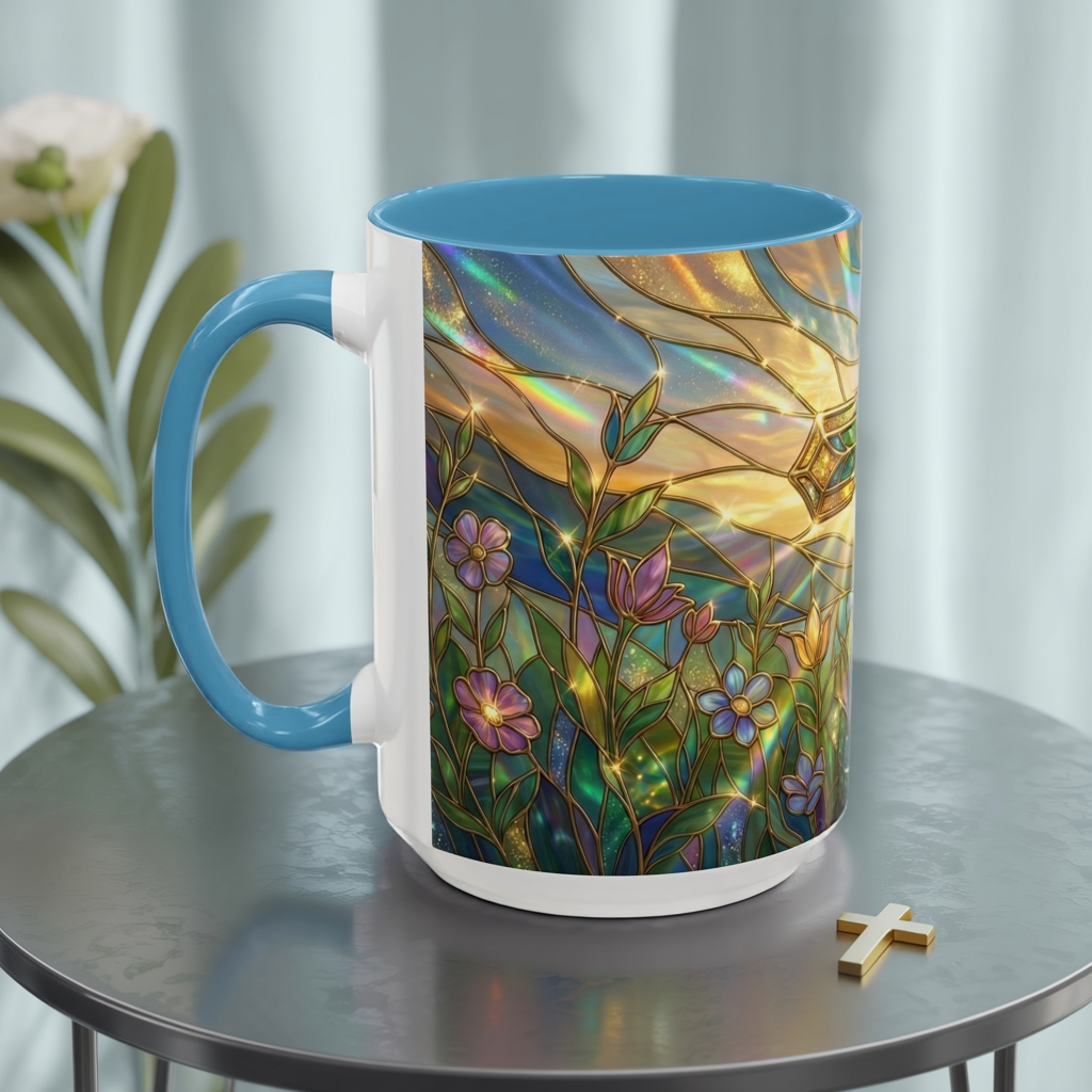 Stained Glass Cross Mug, Christian Coffee Cup With Floral Design, Faith Inspired Ceramic Mug, Religious Gift, 11oz 15oz