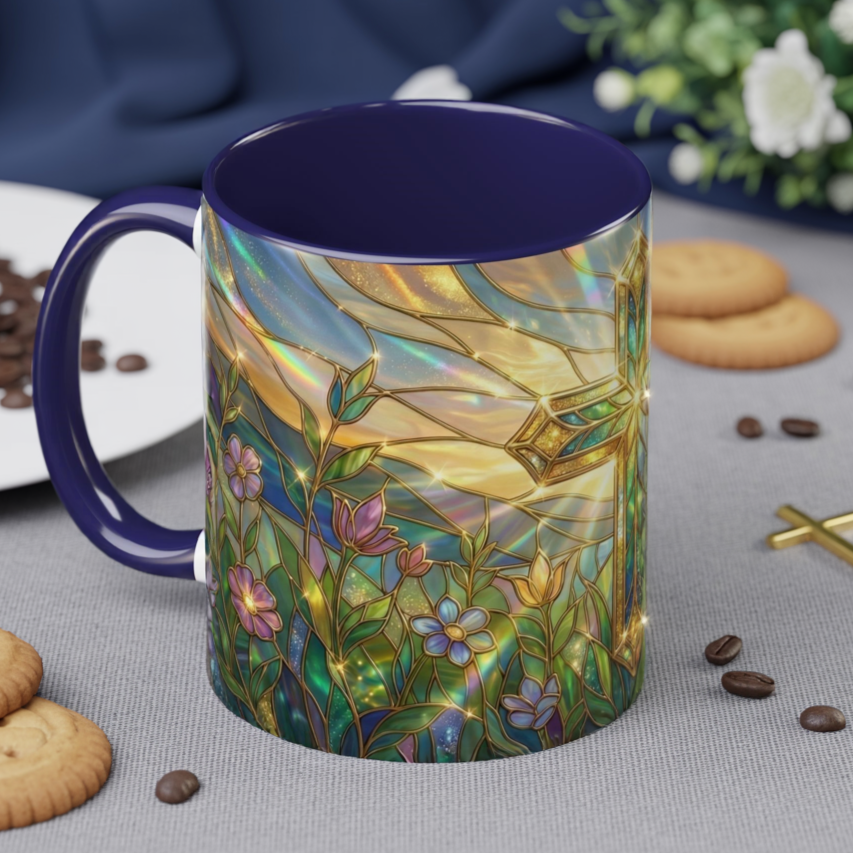 Stained Glass Cross Mug, Christian Coffee Cup With Floral Design, Faith Inspired Ceramic Mug, Religious Gift, 11oz 15oz