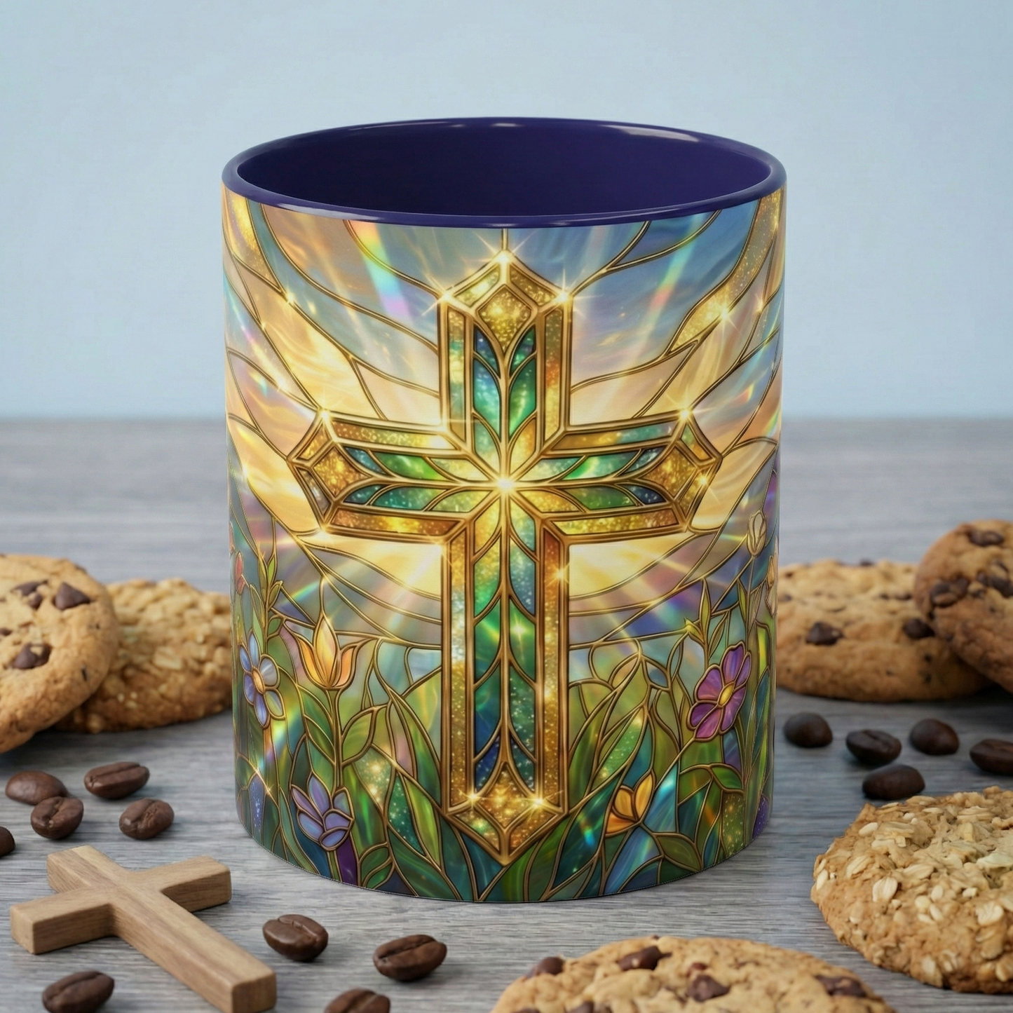 Stained Glass Cross Mug, Christian Coffee Cup With Floral Design, Faith Inspired Ceramic Mug, Religious Gift, 11oz 15oz