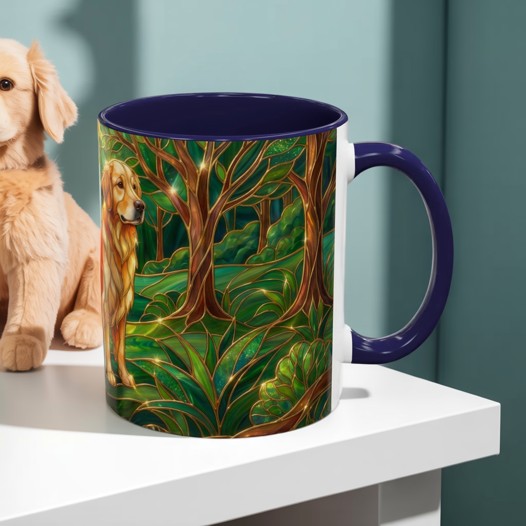 Stained Glass Golden Retriever Mug, Dog Lover Coffee Cup, Forest Dog Art Ceramic Mug, Pet Lover Gift, 11oz 15oz
