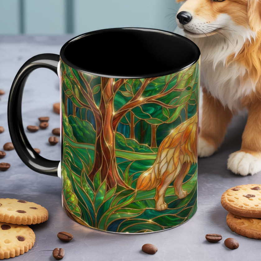 Stained Glass Golden Retriever Mug, Dog Lover Coffee Cup, Forest Dog Art Ceramic Mug, Pet Lover Gift, 11oz 15oz