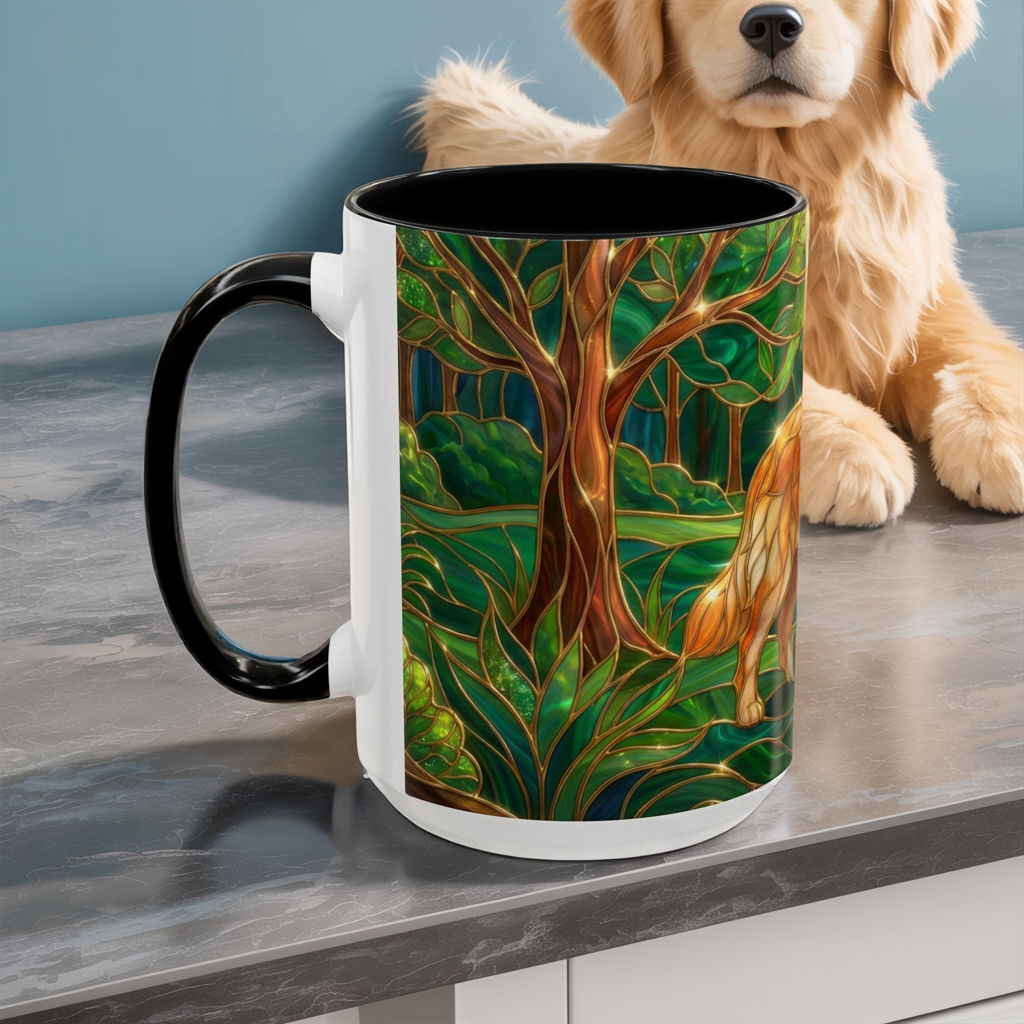 Stained Glass Golden Retriever Mug, Dog Lover Coffee Cup, Forest Dog Art Ceramic Mug, Pet Lover Gift, 11oz 15oz