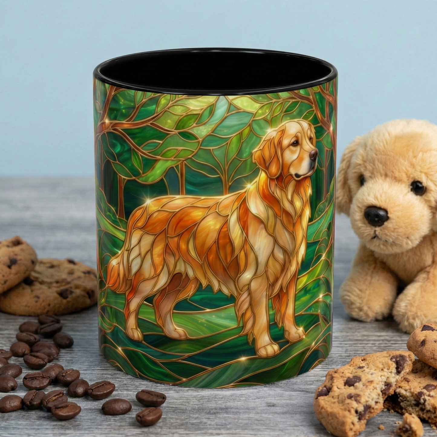Stained Glass Golden Retriever Mug, Dog Lover Coffee Cup, Forest Dog Art Ceramic Mug, Pet Lover Gift, 11oz 15oz