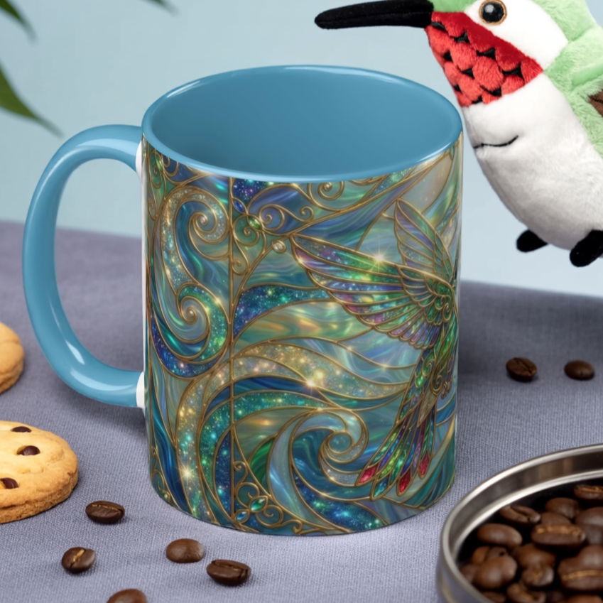 Hummingbird Stained Glass Mug, Colorful Art Coffee Mug, Bird Lover Gift, Nature Inspired Ceramic Mug, Tea Cup