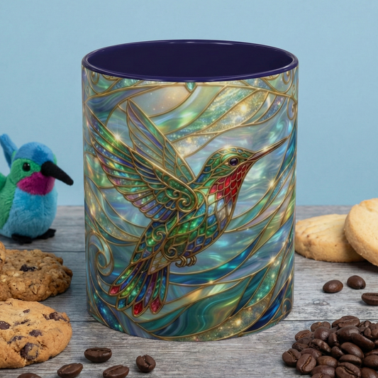 Hummingbird Stained Glass Mug, Colorful Art Coffee Mug, Bird Lover Gift, Nature Inspired Ceramic Mug, Tea Cup