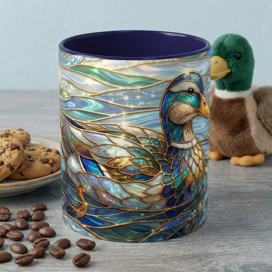Stained Glass Duck Mug, Art Nouveau Duck Coffee Mug, Nature Inspired Ceramic Mug, Duck Lover Gift, Cottagecore Cup, Water Lily Pond Art Mug