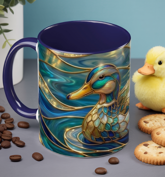 Stained Glass Duck Mug, Art Nouveau Duck Coffee Mug, Blue Gold Nature Ceramic Mug, Duck Lover Gift, Cottagecore Art Cup, Pond Wildlife Mug